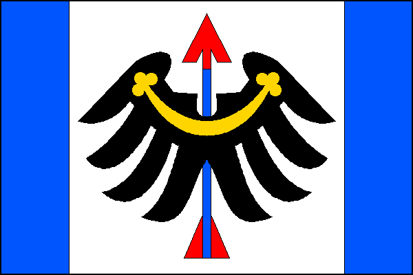 List tvoří tři svislé pruhy, modrý, bílý a modrý v poměru 1:4:1. V bílém poli černé rozložené křídlo, pery dolů, se žlutým perizoniem, vzhůru prostřelené modrým šípem s červeným opeřením a hrotem. Poměr šířky k délce listu je 2:3.