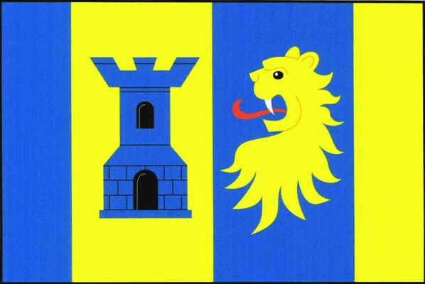 List tvoří čtyři svislé pruhy, modrý, žlutý s modrou věží s kvádrovaným soklem a cimbuřím, s branou a obloukovým oknem, obojí černé, modrý se žlutou lví hlavou s krkem a žlutý, v poměru 1 : 2 : 2 : 1. Poměr šířky k délce listu je 2 : 3.