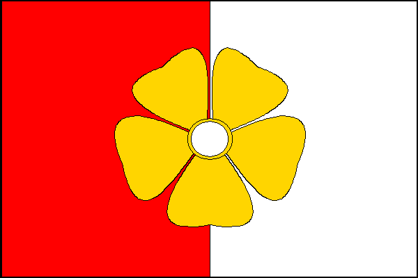 List tvoří dva svislé pruhy, červený a bílý, uprostřed žlutý květ jabloně s bílým středem. Poměr šířky k délce listu je 2:3.
