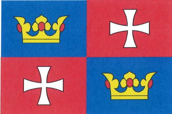 Čtvrcený list, horní žerďové a dolní vlající pole modré se žlutou korunou, dolní žerďové a horní vlající pole červené s bílým tlapatým křížem. Poměr šířky k délce listu je 2 : 3.