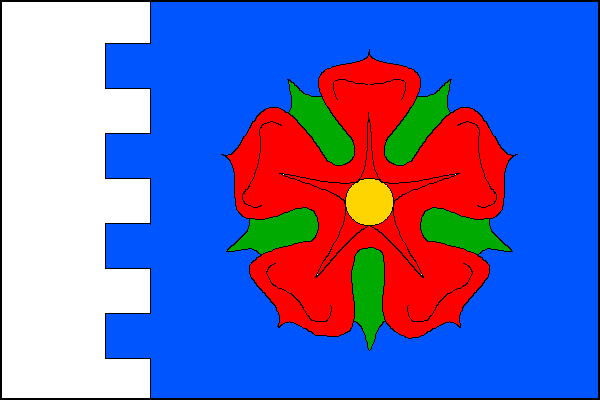 Modrý list s bílým zubatým žerďovým pruhem širokým jednu čtvrtinu délky listu s pěti čtvercovými zuby a čtyřmi stejnými mezerami. V modrém poli červená růže se žlutým semeníkem a zelenými kališními lístky. Poměr šířky k délce listu je 2:3.