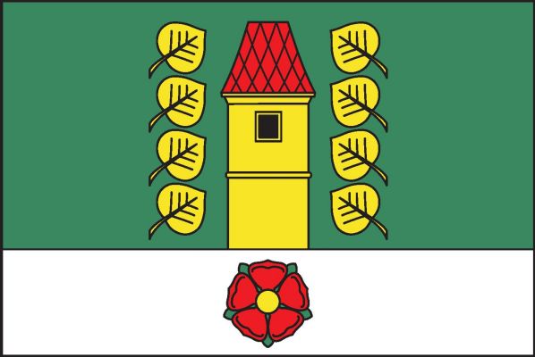 List tvoří dva vodorovné pruhy, zelený a bílý, v poměru 7 : 3. Do zeleného pruhu ve střední části vyrůstá žlutá věž s černým oknem v patře a s červenou valbovou střechou, provázená osmi (4, 4) přivrácenými vztyčenými žlutými lipovými listy pod sebou. V bí