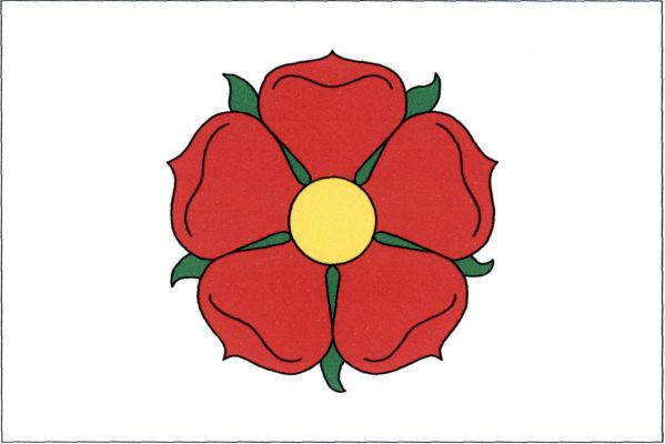 Bílý list s červenou růží se žlutým semeníkem a zelenými kališními lístky. Poměr šířky k délce listu je 2 : 3.