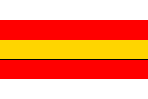 List tvoří pět vodorovných pruhů, bílý, červený, žlutý, červený a bílý. Poměr šířky k délce listu je 2:3.