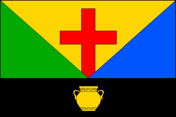 List tvoří dva vodorovné pruhy, zeleno-modře polcený a černý, v poměru 2:3. V horním pruhu žlutý klín vycházející z horního okraje listu s vrcholem na horním okraji černého pruhu. V klínu vyrůstá červený latinský kříž. V černém pruhu žlutá dvouuchá nádoba