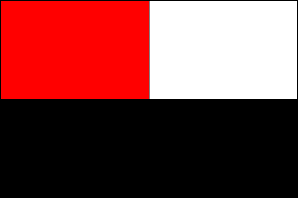List tvoří dva vodorovné pruhy - bílý a černý. V bílém poli červený kanton sahající do poloviny délky listu. Poměr šířky k délce listu je 2:3.