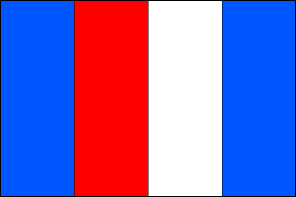 List tvoří čtyři svislé pruhy, modrý, červený, bílý a modrý. Poměr šířky k délce listu je 2:3.
