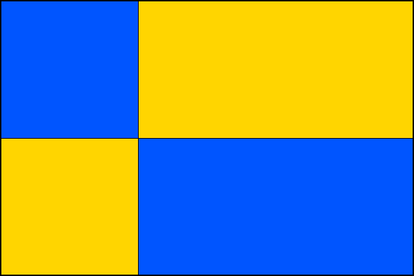 List tvoří modré karé nad žlutým čtvercovým polem a dva vodorovné pruhy, žlutý a modrý. Poměr šířky k délce listu je 2:3.