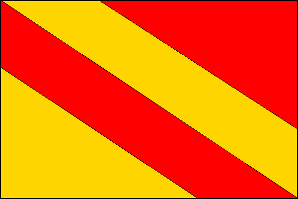 List se dvěma kosmými pruhy, žlutým a červeným, širokými jednu čtvrtinu šířky listu, jejichž dělící čára tvoří úhlopříčku listu. Horní vlající trojúhelníkové pole je červené, dolní žerďové žluté. Poměr šířky k délce listu je 2:3.