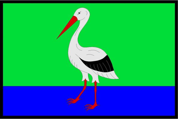 List tvoří dva vodorovné pruhy, zelený a modrý, v poměru 3 : 1. Uprostřed listu bílý čáp s černým křídlem a červenou zbrojí. Poměr šířky k délce listu je 2 : 3.