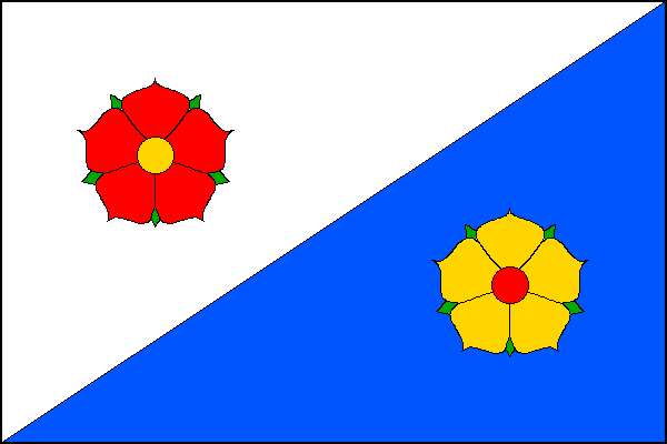 List je bílý a modrý šikmo dělený. V bílém poli je červená růže a v modrém poli žlutá růže, obě z městského znaku. Růže jsou umístěny na průsečících os úhlů příslušného trojúhelníkového pole a zaujímají jednu třetinu šířky listu. Poměr šířky k délce listu