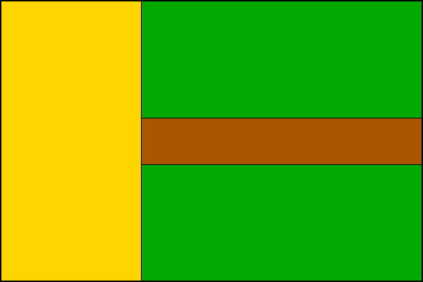 List tvoří žerďový žlutý pruh široký jednu třetinu délky listu a tři vodorovné pruhy, zelený, hnědý a zelený, v poměru 5:2:5. Poměr šířky k délce listu je 2:3.
