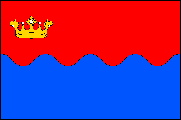 List tvoří dva vodorovné pruhy, červený se žlutou korunou v žerďové části a modrý zvlněný. Poměr šířky k délce listu je 2:3.