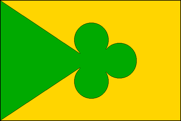Žlutý list se žerďovým klínem s vrcholem ve středu listu zakončeným jetelovým trojlistem, oboje zelené. Poměr šířky k délce listu je 2:3.