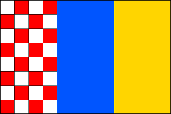 List tvoří tři svislé pruhy, bílo-červeně šachovaný (8x4), modrý a žlutý. Poměr šířky k délce listu je 2:3.