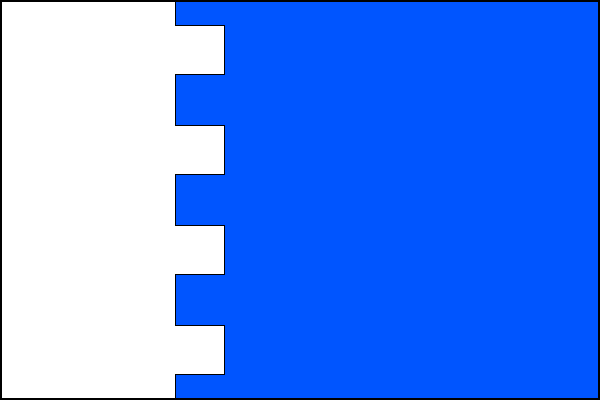 Modrý list s bílým svislým žerďovým pruhem se čtyřmi čtvercovými zuby. Plocha bílého pole je rovna třetině plochy listu. Poměr šířky k délce listu je 2:3.