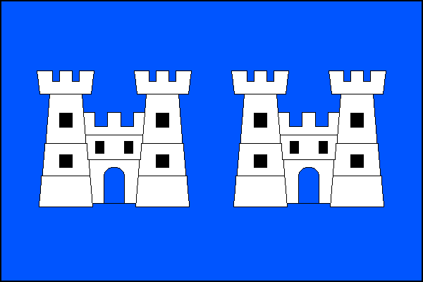 Modrý list se dvěma bílými hrádky, každý se dvěma věžemi, prolomenou branou a cimbuřím. Poměr šířky k délce listu je 2:3.