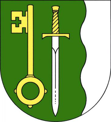 Zeleno-stříbrně vlevo vlnitě polcený štít. V zeleném poli zlatý vztyčený klíč zuby ven a stříbrný postavený meč se zlatým jílcem.