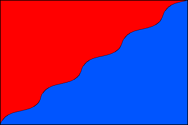 Červeno-modře šikmým zvlněným řezem dělený list s pěti vrcholy a čtyřmi prohlubněmi. Poměr šířky k délce listu je 2:3.