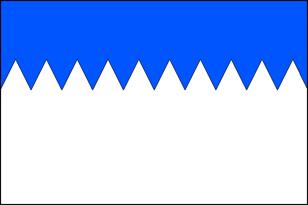 List tvoří dva vodorovné pruhy: modrý a bílý v poměru 3:4. Bílý pruh má deset trojúhelníkových rovnoramenných zubů. Poměr šířky k délce listu je 2:3.