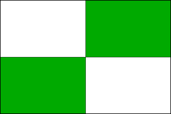 Bílo-zeleně čtvrcený list. Poměr šířky k délce listu je 2:3.