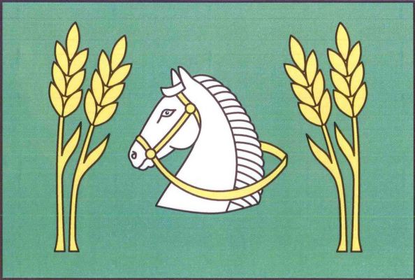 Zelený list, uprostřed bílá hlava koně s krkem se žlutým uzděním mezi dvěma dvojicemi žlutých obilných klasů, každý s listem ke středu. Poměr šířky k délce listu je 2 : 3.