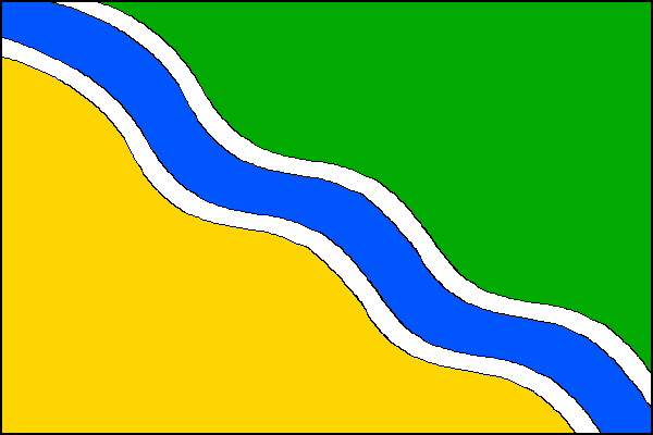 List dělený kosmým modrým vlnitým pruhem o třech vrcholech a dvou prohlubních širokým jednu patnáctinu délky listu s bílými lemy širokými jednu třetinu šířky modrého pruhu na žlutou žerďovou a zelenou vlající část. Poměr šířky k délce listu je 2:3.