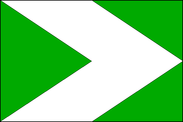 Zelený list s bílou krokví vymezenou zeleným žerďovým klínem s vrcholem ve středu listu. Vrchol krokve je na středu vlajícího okraje listu. Poměr šířky k délce listu je 2:3.