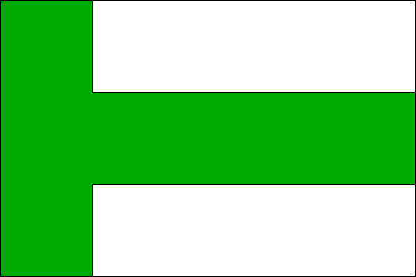 Bílý list se zeleným žerďovým pruhem, širokým 1/3 šířky listu, ze kterého vychází zelený středový vodorovný pruh o téže šíři. Poměr šířky k délce listu je 2:3.