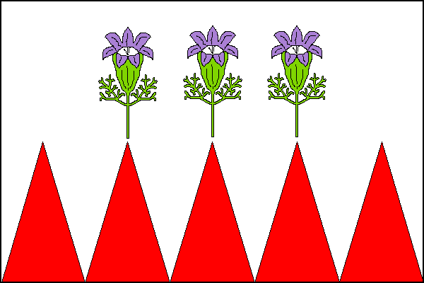 Bílý list s pěti červenými rovnoramennými trojúhelníky se základnami na dolním okraji listu rovnými jedné pětině délky listu s vrcholy dosahujícími do poloviny šířky listu. Z tří prostředních vrcholů vyrůstá po jednom konikleci přirozené barvy. Poměr šířk