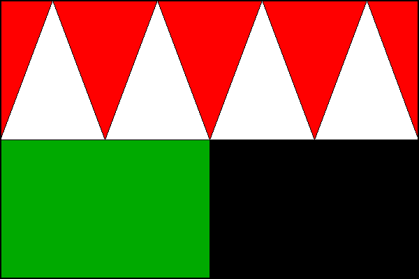 List tvoří dva vodorovné pruhy; horní červený se čtyřmi bílými trojúhelníkovými poli, dolní svisle rozdělený na zelené žerďové a černé vlající pole. Základna trojúhelníkových polí je rovna jedné čtvrtině délky listu. Poměr šířky k délce listu je 2:3.