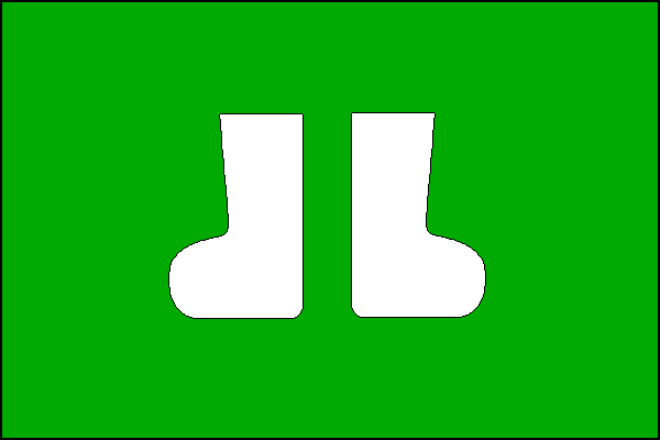 Zelený list s párem odvrácených bílých plstěných bot (válenek). Poměr šířky k délce listu je 2:3.
