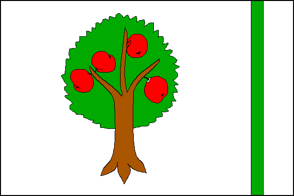 Bílý list se zelenou vykořeněnou jabloní s červenými jablky a hnědým kmenem ve středu bílého pole, odděleného svislým zeleným pruhem o šířce jedné čtyřiadvacetiny délky listu, vzdálené jedné osminy délky listu od vlajícího lemu. Poměr šířky k délce listu 