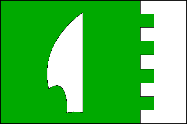 Zelený list s bílým zubatým pruhem na vlajícím okraji širokým jednu čtvrtinu délky listu. V zeleném poli bílá radlice hrotem nahoru a ostřím k žerdi, bílý pruh má pět čtvercových zubů a čtyři mezery. Poměr šířky k délce listu je 2:3.