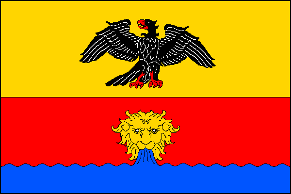 List tvoří tři vodorovné pruhy, žlutý, červený a zvlněný modrý, v poměru 7:5:2. Ve žlutém pruhu sedící k vlajícímu okraji obrácená ohlížející se černá rozkřídlená orlice s červenou zbrojí. V červeném pruhu čelně žlutá lví hlava chrlící modrou vodu do modr