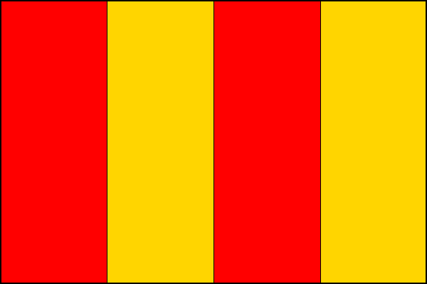 List tvoří čtyři svislé pruhy, střídavě červené a žluté. Poměr šířky k délce listu je 2:3.