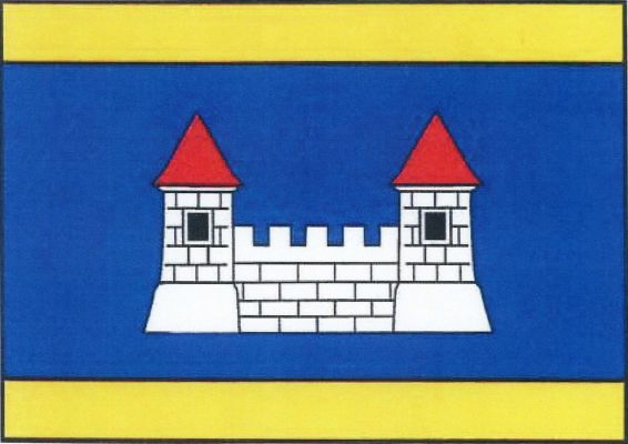 List tvoří tři vodorovné pruhy, žlutý, modrý a žlutý, v poměru 1 : 5 : 1. V modrém pruhu volný bílý hrádek se dvěma kvádrovanými věžemi na bílých soklech spojenými kvádrovanou hradbou s pěti zuby a čtyřmi mezerami. Každá věž má černé okno a červenou kužel