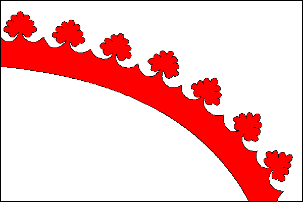 Bílý list s červenou routovou korunou o sedmi routách. Dolní okraj koruny vychází z horní třetiny žerďového okraje a končí v jedné šestině vlajícího cípu listu. Poměr šířky k délce listu je 2:3.
