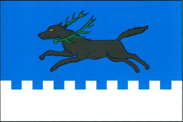 List tvoří dva vodorovné pruhy, modrý a zubatý bílý, v poměru 2 : 1. V modrém pruhu běžící hnědý vlk se šikmo položeným zeleným jelením parožím kolem krku. Bílý pruh má devět čtvercových zubů a osm stejných mezer. Poměr šířky k délce listu je 2 : 3.