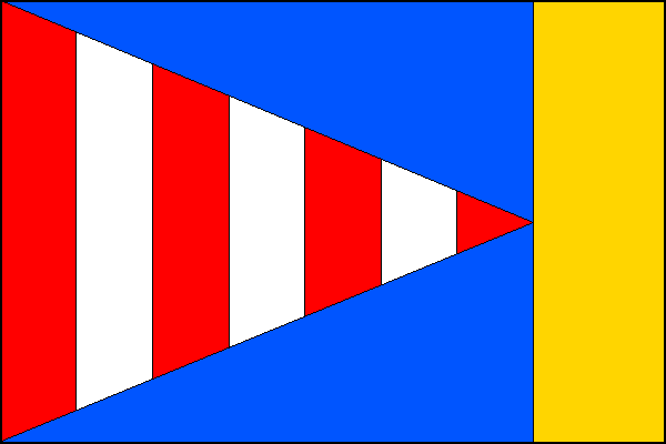 Modrý list se žlutým svislým vlajícím pruhem širokým jednu pětinu délky listu. V modrém poli žerďový klín se sedmi svislými pruhy, střídavě červenými a bílými. Poměr šířky k délce listu je 2:3.