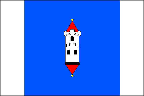 List tvoří tři pole - žerďové a vlající je bílé, střední čtvercové je modré. Poměr polí je 1:4:1. Na střed modrého pole je položena bílá okrouhlá věž s cimbuřím a třemi černými okny (1+2) a s červenou kuželovou střechou se zlatou makovicí; stejná střecha 