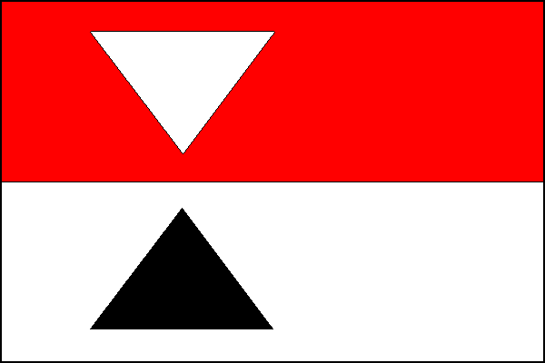 List tvoří dva vodorovné pruhy, červený a bílý, v žerďové části červeného pruhu bílý rovnoramenný trojúhelník vrcholem dolů, v žerďové části bílého pruhu černý rovnoramenný trojúhelník vrcholem nahoru. Vrcholy jsou položeny v jednu třetinu délky listu, vý