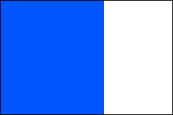 Modrý list se svislým bílým vlajícím pruhem širokým jednu třetinu délky listu. Poměr šířky k délce listu je 2:3.