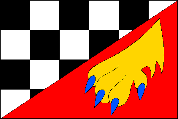 Šikmo dělený list na žerďové černo-bíle šachované pole (4x6) a červené vlající pole se žlutou medvědí tlapou s modrou zbrojí. Poměr šířky k délce listu je 2:3.