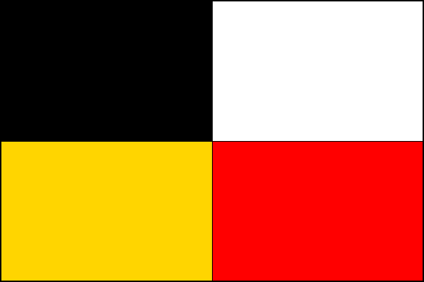 Čtvrcený list, horní žerďové pole černé, dolní žluté, dolní vlající pole bílé, dolní červené. Poměr šířky k délce listu je 2:3.