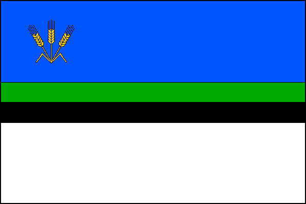 List praporu tvoří čtyři vodorovné pruhy; světle modrý (2/5 šířky) se žlutým pšeničným trojklasem v horním žerďovém rohu (výška trojklasu je 1/5 šířky), zelený (1/10 šířky), černý (1/10 šířky) a bílý (2/5 šířky); poměr délky k šířce je 3:2.