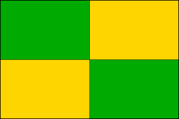 List čtvrcený, horní žerďové a dolní vlající pole je zelené, horní vlající a dolní žerďové pole je žluté. Poměr šířky k délce listu je 2:3.