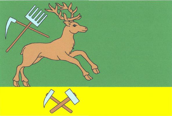 List tvoří dva vodorovné pruhy, zelený a žlutý, v poměru 3 : 1. V žerďové polovině zeleného pruhu hnědý jelen běžící k vlajícímu okraji se zadníma nohama na horním okraji žlutého pruhu, provázený nad hřbetem kosmou motykou - nosatcem šikmo přeloženou vzty