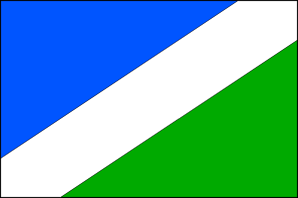 List rozdělený bílým šikmým pruhem širokým jednu třetinu šířky listu na modrou žerďovou a zelenou vlající část. Poměr šířky k délce listu je 2:3.