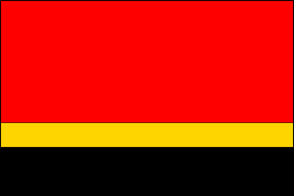 List praporu o pruzích v barvě červené, žluté a černé v poměru 5:1:2; poměr délky k šířce je 3:2.